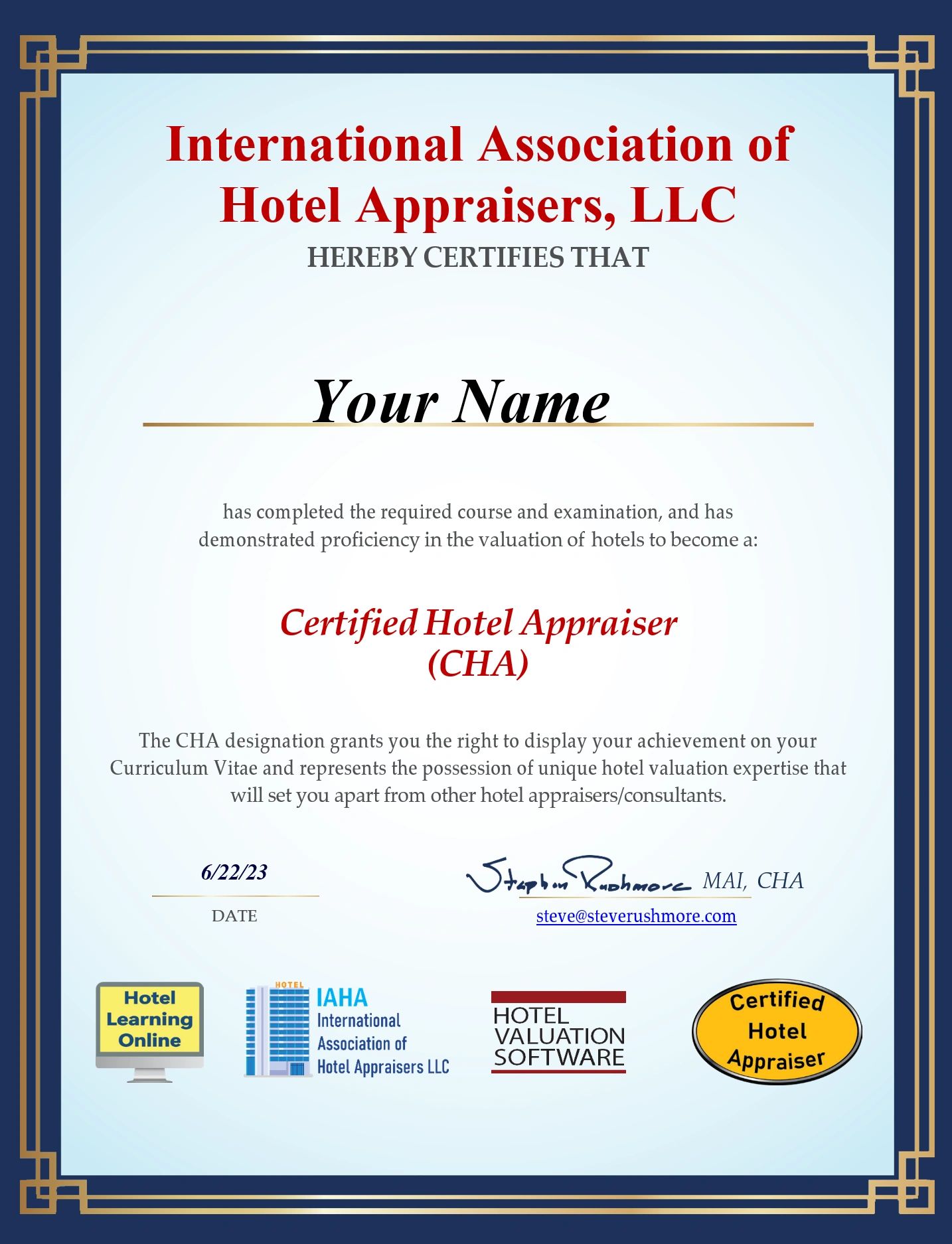 Certified Hotel Valuation Software Consultant CHVSC